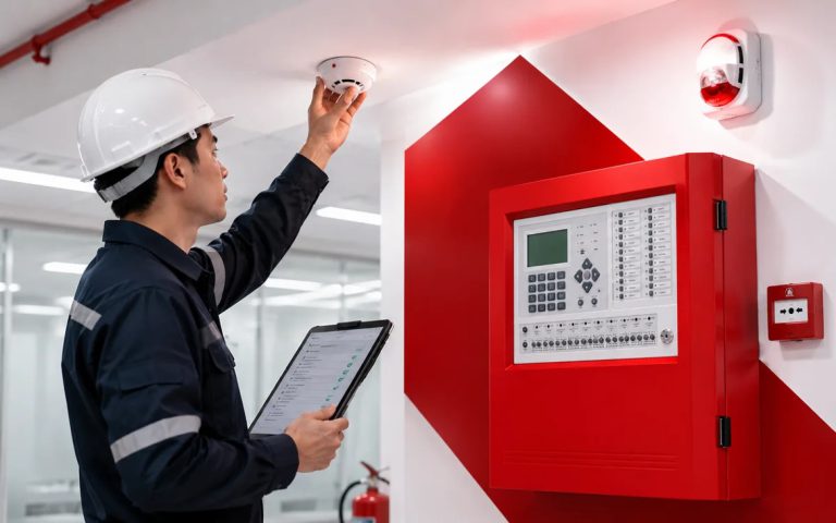 Kỹ thuật viên kiểm tra đầu báo khói và tủ điều khiển hệ thống báo cháy